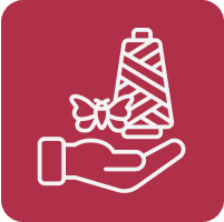 Hand holding thread spool and butterfly icon.