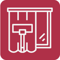 Curtains and window icon on red background.