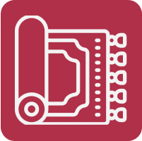 Icon of a printing press on red background.